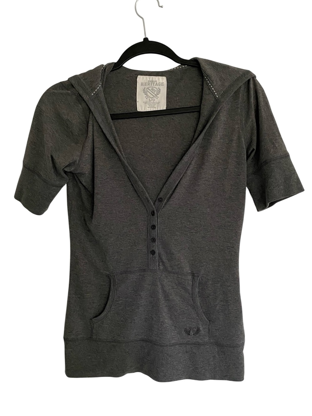 Vintage Y2K Henley Hoodie Hooded Pullover Short Sleeve Pockets Grey Womens Large